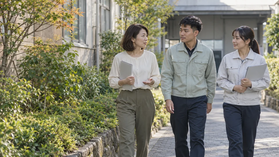 対話を重ねながら職場へ向かう人々のイメージ